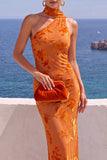 Abito Maxi Floreale Arancione Sirena con una sola spalla