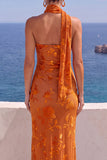 Abito Maxi Floreale Arancione Sirena con una sola spalla