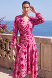 Abito floreale midi asimmetrico a maniche lunghe in velluto A-Line con scollo a V