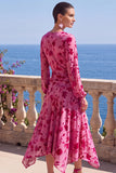 Abito floreale midi asimmetrico a maniche lunghe in velluto A-Line con scollo a V