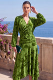 Abito floreale midi asimmetrico a maniche lunghe in velluto A-Line con scollo a V