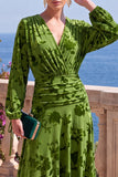Abito floreale midi asimmetrico a maniche lunghe in velluto A-Line con scollo a V