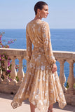 Abito floreale midi asimmetrico a maniche lunghe in velluto A-Line con scollo a V