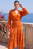 Abito floreale midi asimmetrico a maniche lunghe in velluto A-Line con scollo a V