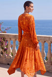 Abito floreale midi asimmetrico a maniche lunghe in velluto A-Line con scollo a V