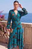 Abito floreale midi asimmetrico a maniche lunghe in velluto A-Line con scollo a V