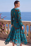 Abito floreale midi asimmetrico a maniche lunghe in velluto A-Line con scollo a V