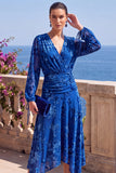 Abito floreale midi asimmetrico a maniche lunghe in velluto A-Line con scollo a V