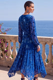 Abito floreale midi asimmetrico a maniche lunghe in velluto A-Line con scollo a V