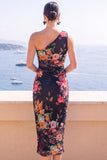 Abito Midi bodycon a una spalla con fiori blu