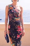 Abito Midi bodycon a una spalla con fiori blu