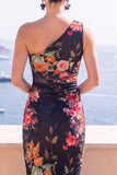 Abito Midi bodycon a una spalla con fiori blu