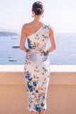 Abito Midi bodycon a una spalla con fiori blu