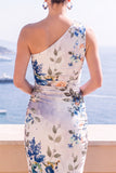 Abito Midi bodycon a una spalla con fiori blu