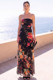 Abito floreale Maxi in chiffon a linea A senza spalline