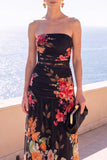 Abito floreale Maxi in chiffon a linea A senza spalline