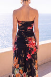 Abito floreale Maxi in chiffon a linea A senza spalline