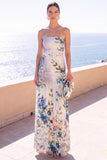 Abito floreale Maxi in chiffon a linea A senza spalline