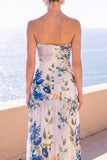 Abito floreale Maxi in chiffon a linea A senza spalline
