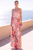 Abito floreale Maxi in chiffon a linea A senza spalline