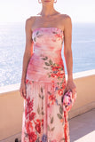Abito floreale Maxi in chiffon a linea A senza spalline