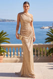 Champagne Abito Elegante Lungo Arricciato da sirena con una spalla e paillettes