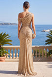 Champagne Abito Elegante Lungo Arricciato da sirena con una spalla e paillettes