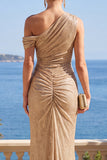 Champagne Abito Elegante Lungo Arricciato da sirena con una spalla e paillettes