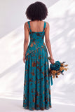 Corsetto di velluto blu con scollo quadrato e lungo abito da damigella con fessura