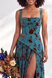 Corsetto di velluto blu con scollo quadrato e lungo abito da damigella con fessura