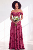 Abito da damigella lunga in velluto floreale fucsia fucsia a tramonta scoperta