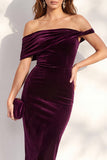 Abito cocktail midi di velluto Bodycon Bordeaux