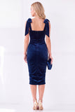 Abito Midi Velvet Arricciato con scollo quadrato blu scuro con scollo a fiocco e arricciata
