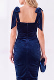 Abito Midi Velvet Arricciato con scollo quadrato blu scuro con scollo a fiocco e arricciata