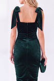 Abito Midi Velvet Arricciato con scollo quadrato blu scuro con scollo a fiocco e arricciata