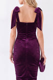 Abito Midi Velvet Arricciato con scollo quadrato blu scuro con scollo a fiocco e arricciata