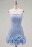Abito di cocktail con perle blu bodycon senza spalline con fiori 3D