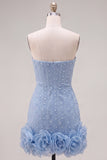 Abito di cocktail con perle blu bodycon senza spalline con fiori 3D