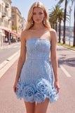 Abito di cocktail con perle blu bodycon senza spalline con fiori 3D