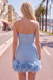 Abito di cocktail con perle blu bodycon senza spalline con fiori 3D