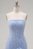 Abito di cocktail con perle blu bodycon senza spalline con fiori 3D