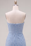 Abito di cocktail con perle blu bodycon senza spalline con fiori 3D