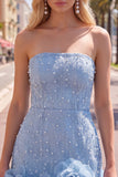 Abito di cocktail con perle blu bodycon senza spalline con fiori 3D