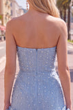 Abito di cocktail con perle blu bodycon senza spalline con fiori 3D