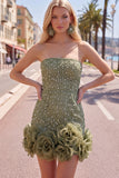 Abito di cocktail con perle blu bodycon senza spalline con fiori 3D