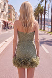 Abito di cocktail con perle blu bodycon senza spalline con fiori 3D