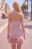 Abito di cocktail con perle blu bodycon senza spalline con fiori 3D