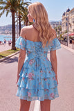 Abito di cocktail a livelli blu a linea a trama con pizzo sulla schiena