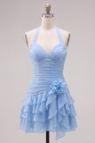 Abito blu Necker Bodycon Neck a livelli e pieghe con fiori 3D