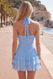 Abito blu Necker Bodycon Neck a livelli e pieghe con fiori 3D